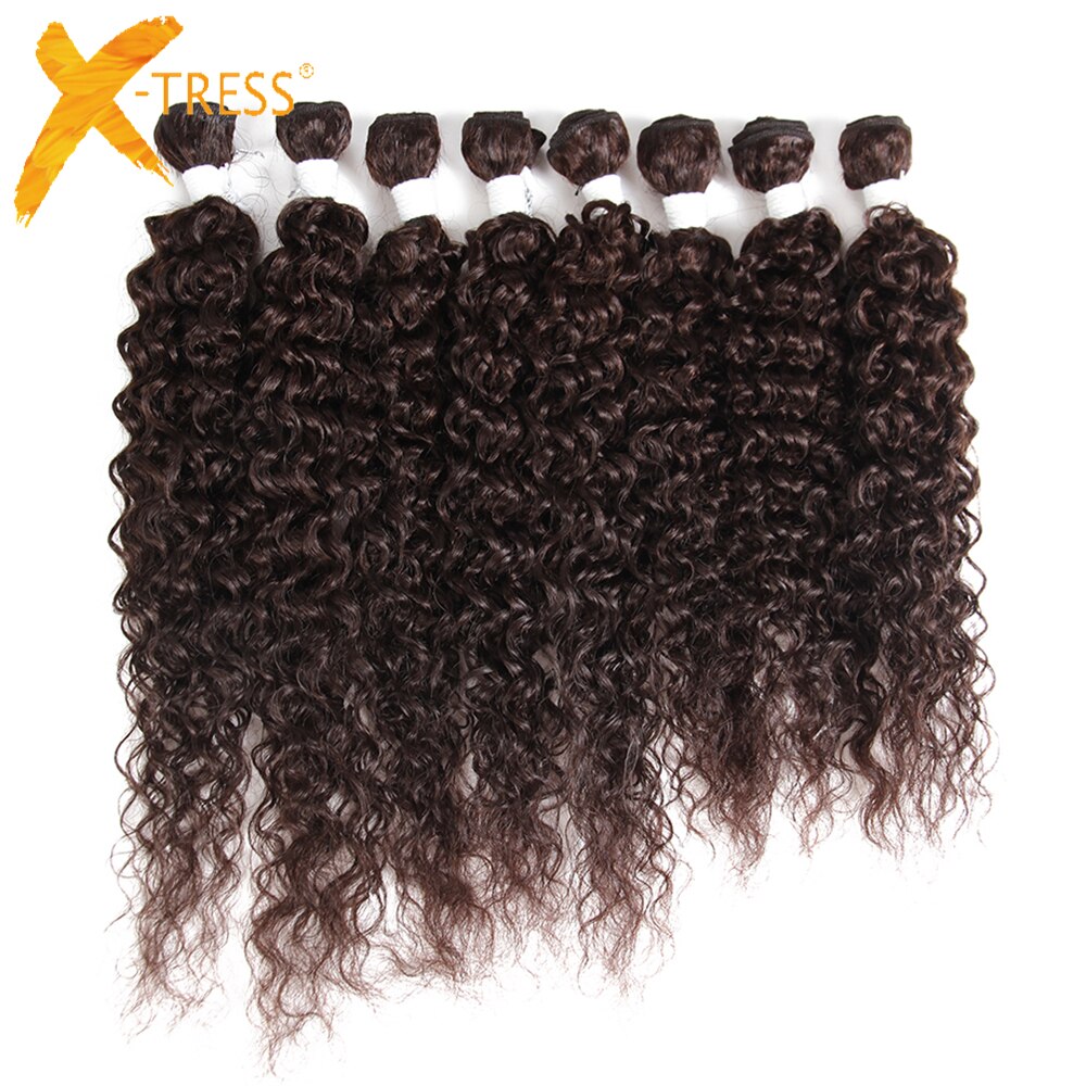 Kinky Curly Synthetic Hair Weave Bundles 16-20inch 6/8Pieces Sew-in Weaves X-TRESS Ombre Brown Weft Hair Extension For Women
